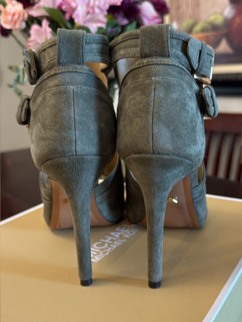Michael Kors BLAZE Suede Open‑Toe Booties – Olive – Size 9M - Picture 2 of 3